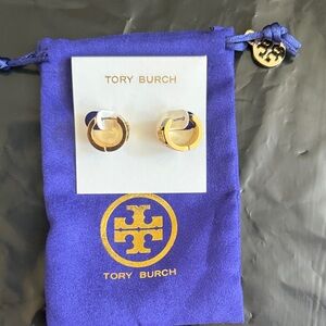 Tory Burch Black & Gold Small Hoop Logo Earrings